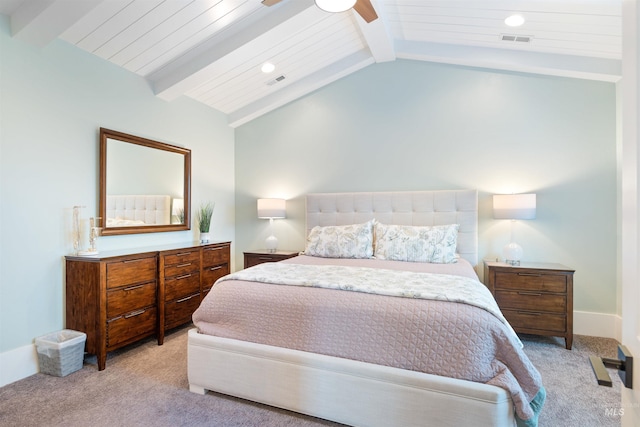 bedroom with a ceiling fan, visible vents, light carpet, and lofted ceiling with beams