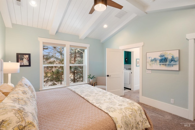 bedroom featuring vaulted ceiling with beams, visible vents, light carpet, washer / dryer, and baseboards