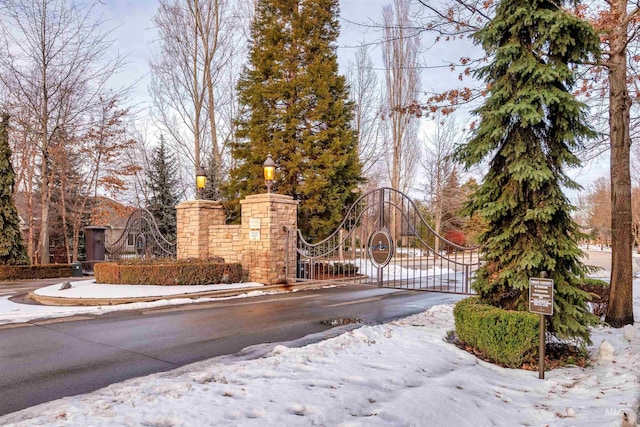 view of road featuring a gate and curbs