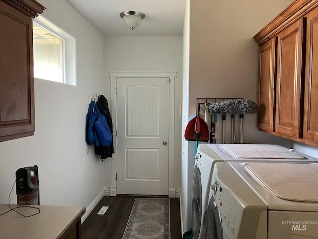 11565 W Zachery Ave, Nampa, ID 83651 - clothes washing area with separate washer and dryer, cabinet space, dark wood finished floors, and baseboards