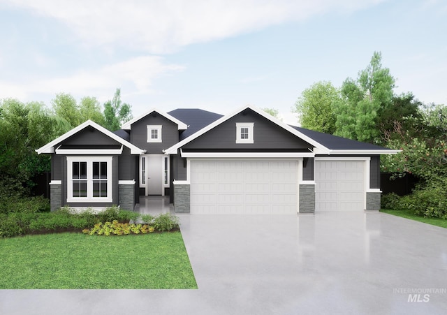 craftsman-style house featuring a garage, stone siding, concrete driveway, and a front yard