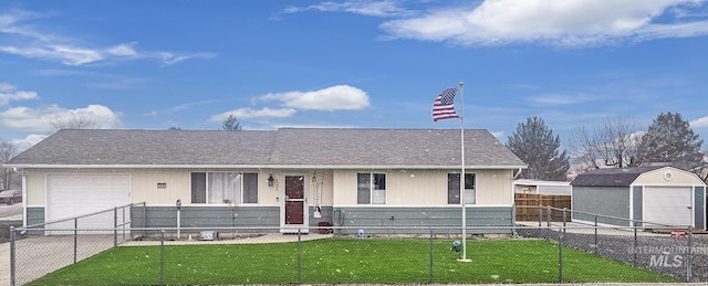 ranch-style house with a front yard and a garage