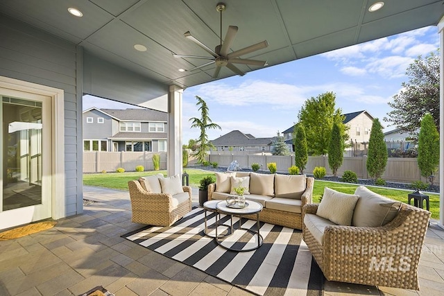 5445 S Mesa Trail Pl, Meridian, ID 83642 - view of patio / terrace with an outdoor living space, a residential view, and ceiling fan
