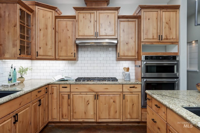 570 E Ocelot, Meridian, ID 83646 - kitchen with appliances with stainless steel finishes, decorative backsplash, light stone countertops, glass insert cabinets, and under cabinet range hood