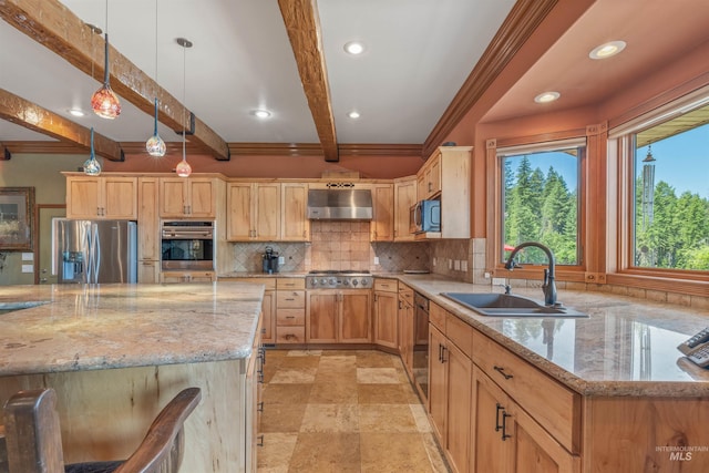 kitchen with stainless steel appliances, a sink, exhaust hood, tasteful backsplash, and beamed ceiling