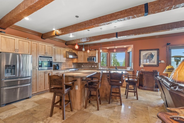 kitchen featuring appliances with stainless steel finishes, beam ceiling, extractor fan, tasteful backsplash, and a sink
