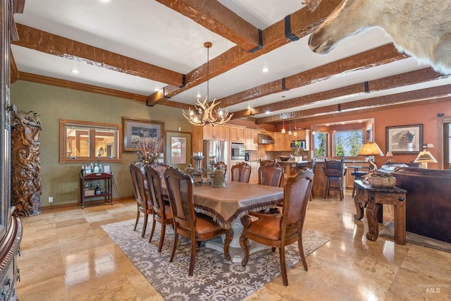 dining room with recessed lighting, a chandelier, beamed ceiling, and baseboards