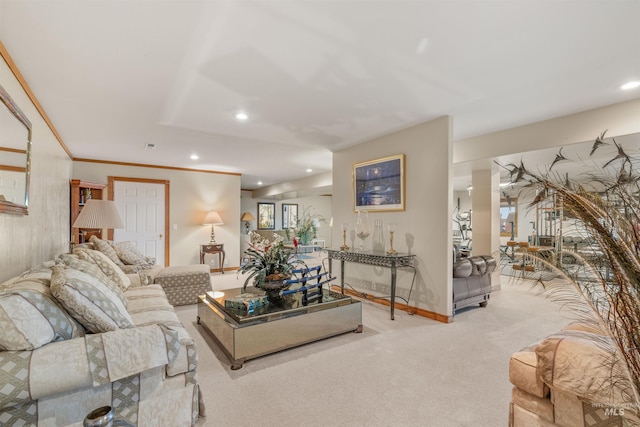 carpeted living area featuring recessed lighting and baseboards