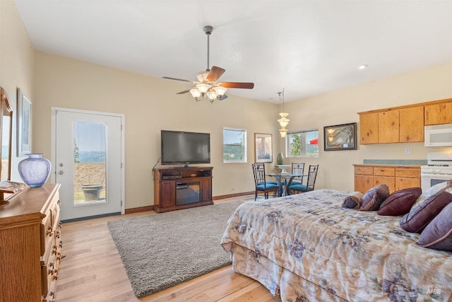 bedroom with multiple windows, light wood finished floors, access to outside, and baseboards