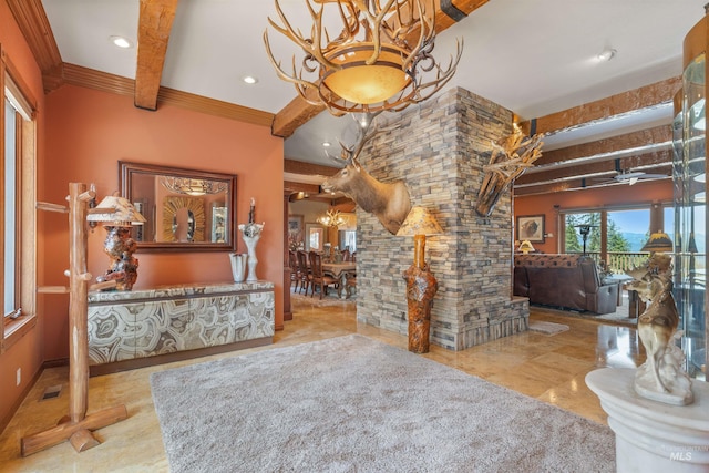 foyer entrance featuring beamed ceiling, recessed lighting, a chandelier, and crown molding