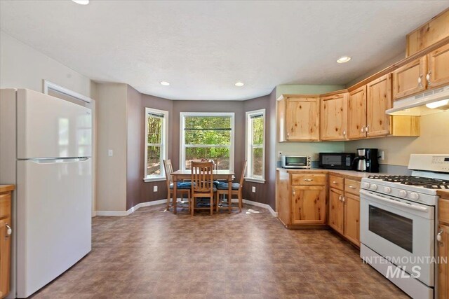 104 Sky Ridge Dr, Garden Valley, ID 83622 - kitchen featuring white appliances, under cabinet range hood, baseboards, recessed lighting, and light brown cabinetry