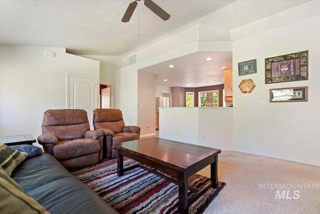 104 Sky Ridge Dr, Garden Valley, ID 83622 - living room featuring ceiling fan, light carpet, recessed lighting, a textured ceiling, and baseboards