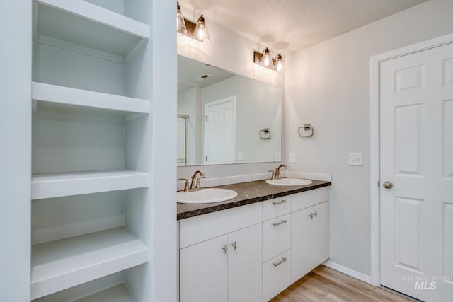 7417 E Shields Dr, Nampa, ID 83687 - full bathroom featuring a sink, baseboards, wood finished floors, and double vanity