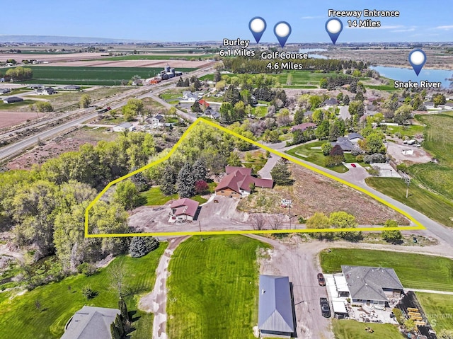 569 Spring Creek Rd, Burley, ID 83318 - aerial view of property and surrounding area featuring property parcel outlined and a large body of water