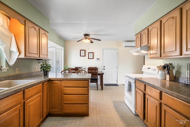 230 Sage St, Kimberly, ID 83341 - kitchen with white range with electric stovetop, a ceiling fan, an AC wall unit, and dark countertops
