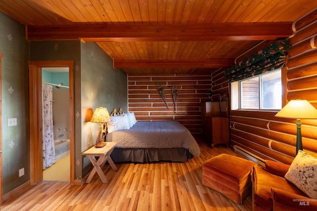 130 Valley Creek Rd, Stanley, ID 83278 - bedroom featuring rustic walls, wood finished floors, wooden ceiling with exposed beams, and a baseboard heating unit