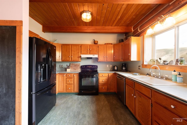 130 Valley Creek Rd, Stanley, ID 83278 - kitchen with black appliances, a sink, wood ceiling with exposed beams, brown cabinets, and under cabinet range hood