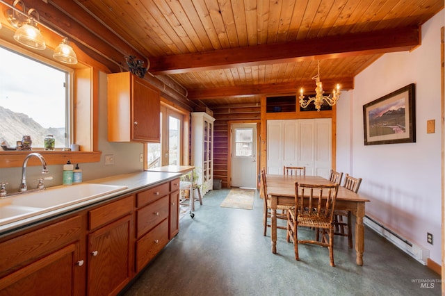 130 Valley Creek Rd, Stanley, ID 83278 - kitchen with a baseboard heating unit, a sink, wood ceiling with exposed beams, a chandelier, and brown cabinets