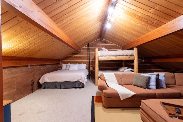 130 Valley Creek Rd, Stanley, ID 83278 - carpeted bedroom featuring wood walls and wooden ceiling