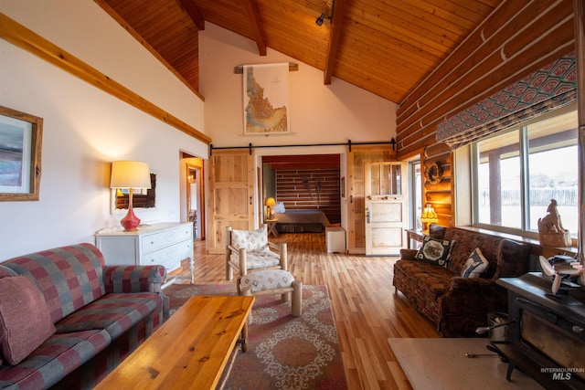 130 Valley Creek Rd, Stanley, ID 83278 - living area featuring a barn door, wooden ceiling with exposed beams, high vaulted ceiling, and hardwood / wood-style floors