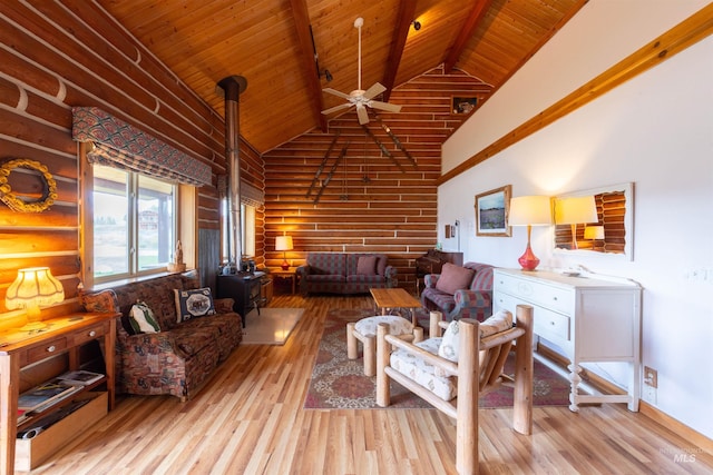 130 Valley Creek Rd, Stanley, ID 83278 - living area with wood ceiling with exposed beams, high vaulted ceiling, ceiling fan, wood finished floors, and a wood stove