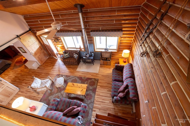 130 Valley Creek Rd, Stanley, ID 83278 - living room with a wood stove, wood finished floors, log walls, and wooden ceiling