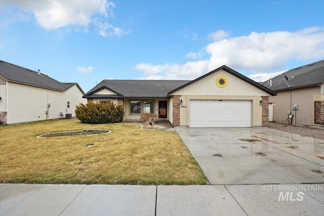 single story home with a front yard, stone siding, a garage, and driveway