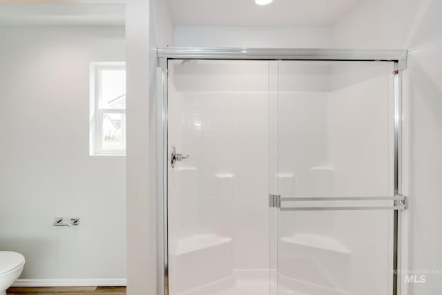 bathroom featuring baseboards, a shower stall, and toilet