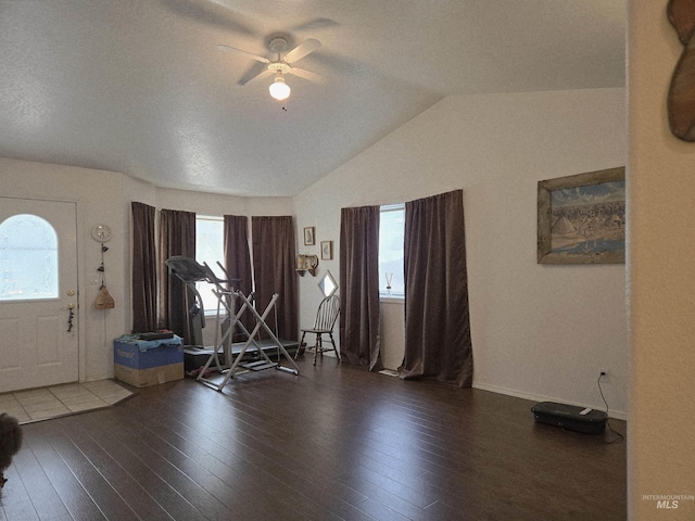 foyer with lofted ceiling, wood-type flooring, and a ceiling fan