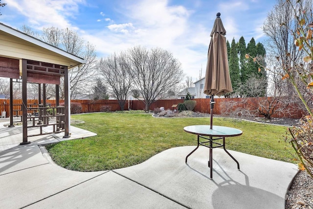 view of yard with a fenced backyard and a patio area