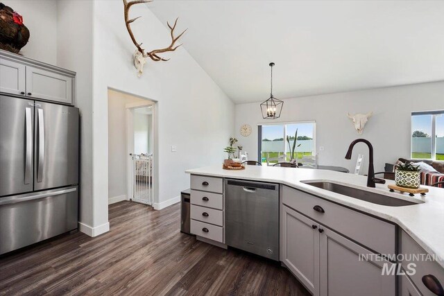 1418 N Birch St, Jerome, ID 83301 - kitchen featuring stainless steel appliances, gray cabinets, a sink, light countertops, and dark wood-type flooring