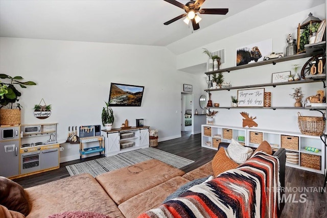 living room with dark wood-type flooring, ceiling fan, and lofted ceiling