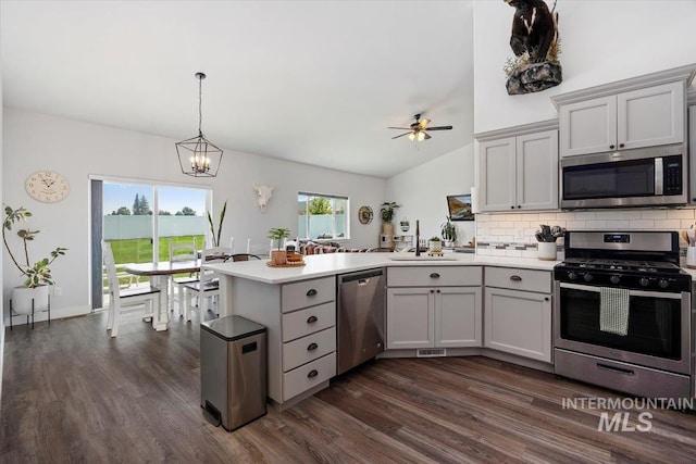 kitchen with kitchen peninsula, dark wood-type flooring, ceiling fan with notable chandelier, and appliances with stainless steel finishes