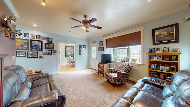 carpeted living room with recessed lighting, ceiling fan, ornamental molding, and baseboards