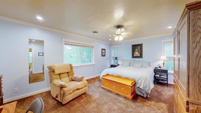 carpeted bedroom featuring recessed lighting, ornamental molding, and baseboards