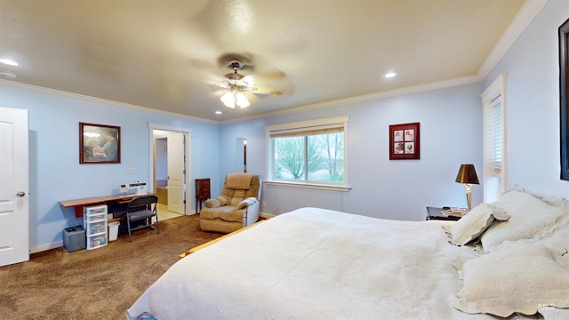 carpeted bedroom with recessed lighting, ornamental molding, baseboards, and ceiling fan