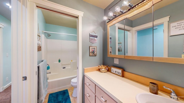 full bath with toilet, shower / tub combination, and vanity