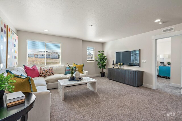 1210 Stirling Meadows Ct, Middleton, ID 83644 - living area featuring light colored carpet, baseboards, recessed lighting, and a textured ceiling