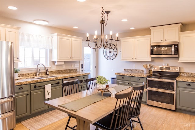 kitchen featuring white cabinets, appliances with stainless steel finishes, gray cabinetry, and sink