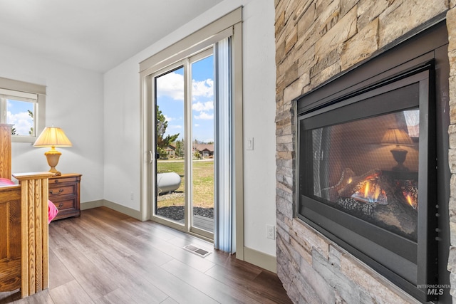 1089 Graham Dr, Mccall, ID 83638 - detailed view of a glass covered fireplace, wood finished floors, and baseboards