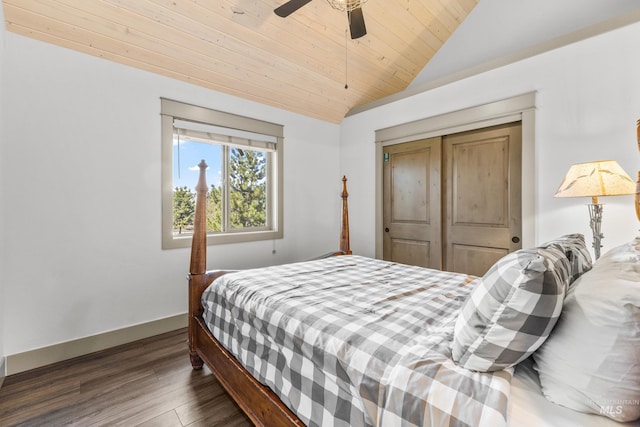 1089 Graham Dr, Mccall, ID 83638 - bedroom featuring vaulted ceiling, wood finished floors, wood ceiling, baseboards, and a closet