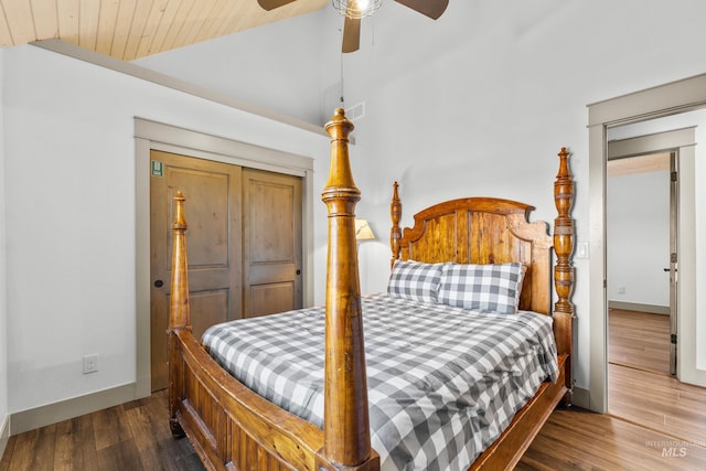 1089 Graham Dr, Mccall, ID 83638 - bedroom featuring lofted ceiling, wood finished floors, baseboards, a ceiling fan, and wooden ceiling