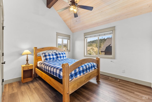 1089 Graham Dr, Mccall, ID 83638 - bedroom with wooden ceiling, wood finished floors, baseboards, beam ceiling, and a ceiling fan