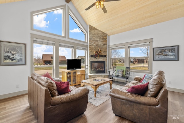 1089 Graham Dr, Mccall, ID 83638 - living area with high vaulted ceiling, ceiling fan, wooden ceiling, wood finished floors, and a fireplace