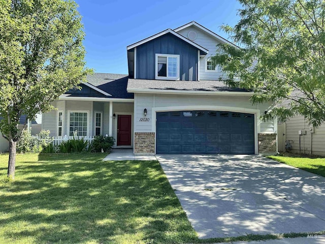 12030 Abram St, Boise, ID 83713 - traditional-style home featuring board and batten siding, driveway, a front lawn, an attached garage, and brick siding