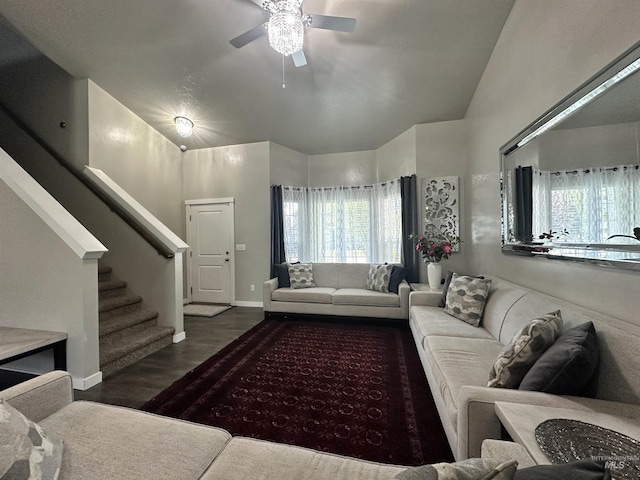 12030 Abram St, Boise, ID 83713 - living room featuring ceiling fan, stairs, wood finished floors, and vaulted ceiling