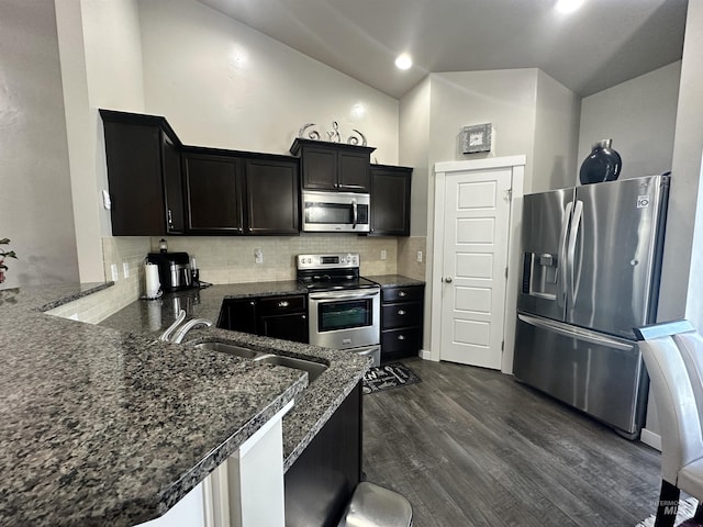 12030 Abram St, Boise, ID 83713 - kitchen with appliances with stainless steel finishes, tasteful backsplash, lofted ceiling, dark wood-type flooring, and dark stone countertops