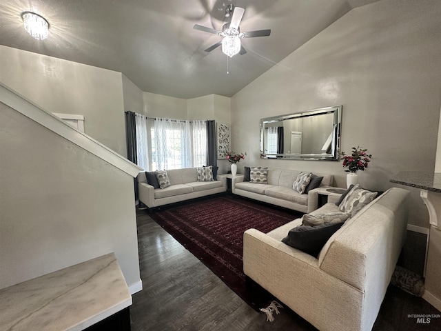 12030 Abram St, Boise, ID 83713 - living area with vaulted ceiling, a ceiling fan, and wood finished floors
