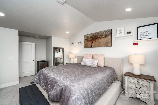 bedroom featuring recessed lighting, baseboards, carpet, and vaulted ceiling