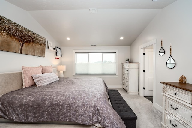 bedroom with baseboards, visible vents, recessed lighting, vaulted ceiling, and light carpet